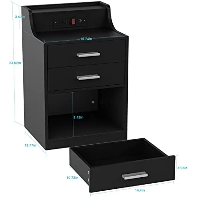 2 Drawer Nightstand with Charging Station and LED Lights