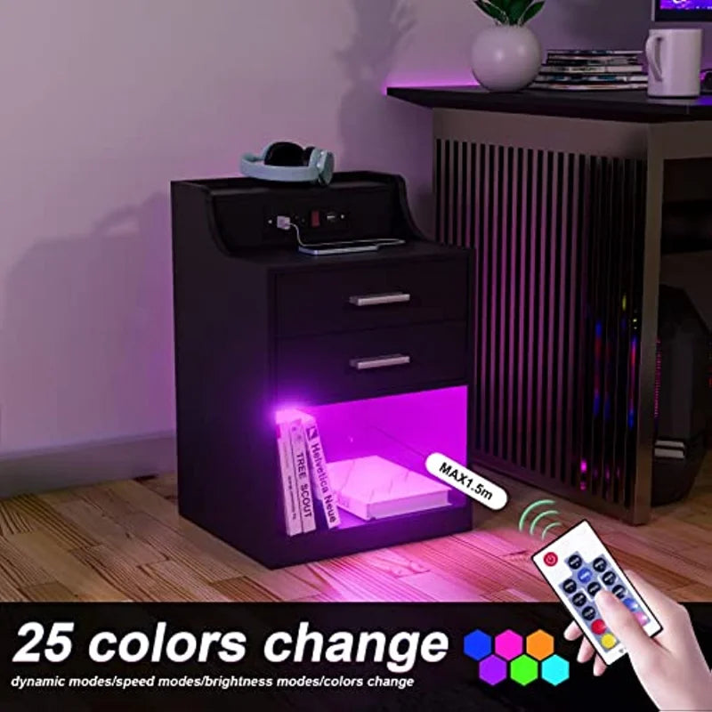 2 Drawer Nightstand with Charging Station and LED Lights